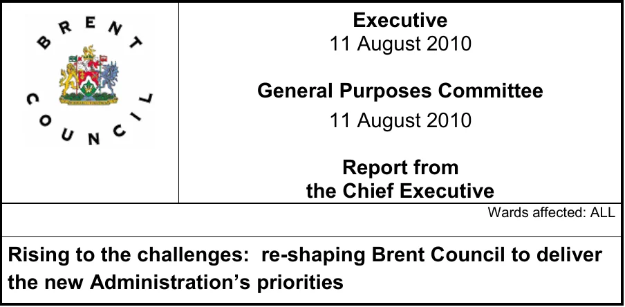 Original Brent Council report heading, crest and committee date — 11 August 2010, page 1