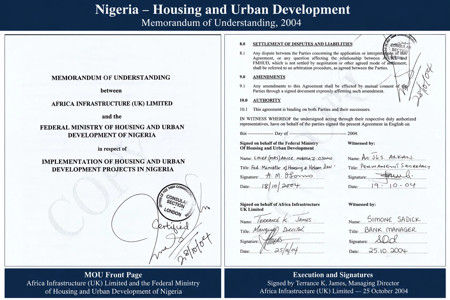 Nigeria housing and urban development MOU, 2004: front page and signatures including Terrance K. James